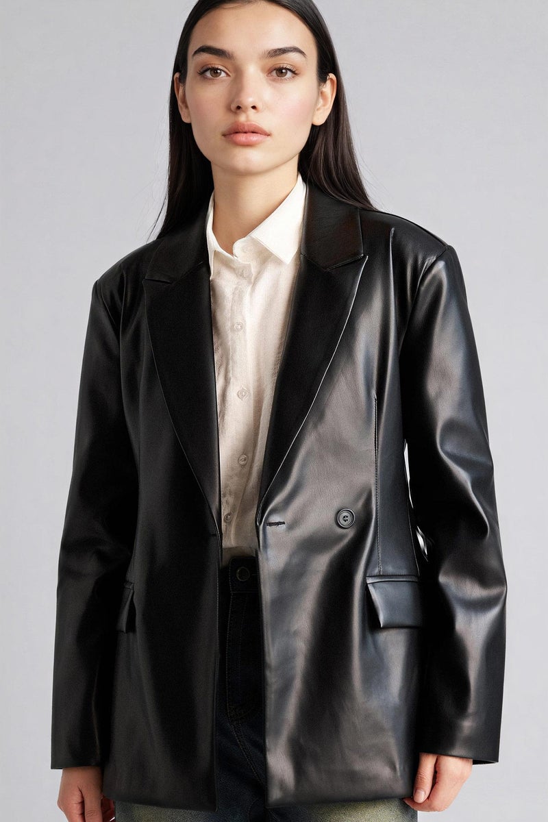 DeFacto Black Woman Slim Fit Jacket Collar Faux Leather Blazer Casual - Image 3
